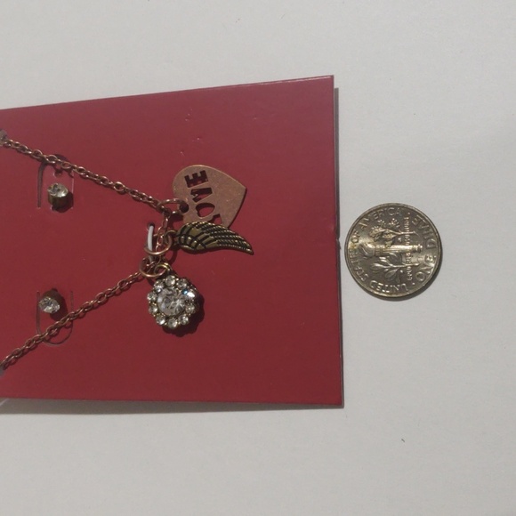 Bronze-tone Love Charm Necklace & Rhinestone Earrings – Romantic Jewelry Set - Picture 6 of 7